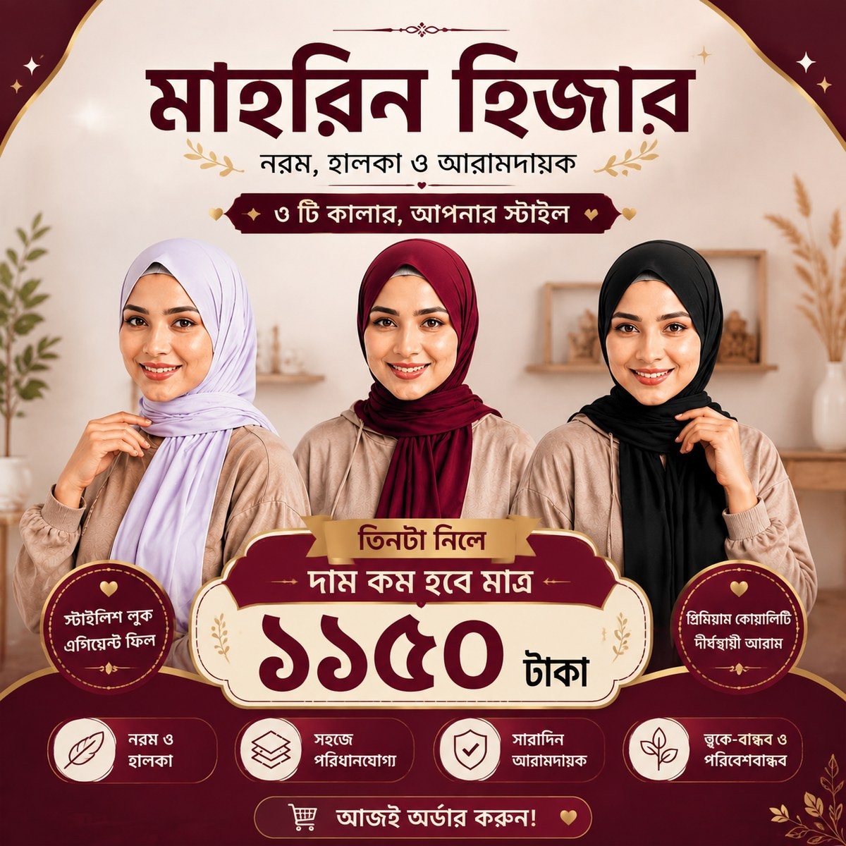 মাহরিন হিজাব ৩ পিছ ( সাদা+কালো+মেরুন) এলিগ্যান্ট এবং কমফোর্টেবল প্রিমিয়াম হিজাব।