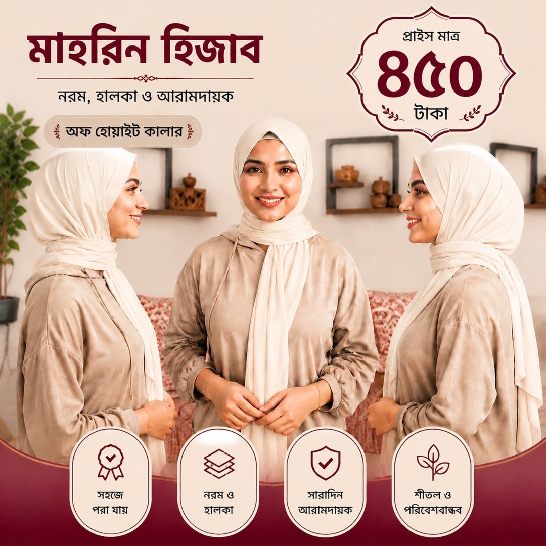 মাহরিন হিজাব ( অফ-হোয়াইট কালার) এলিগ্যান্ট ও কমফোর্টেবল প্রিমিয়াম হিজাব